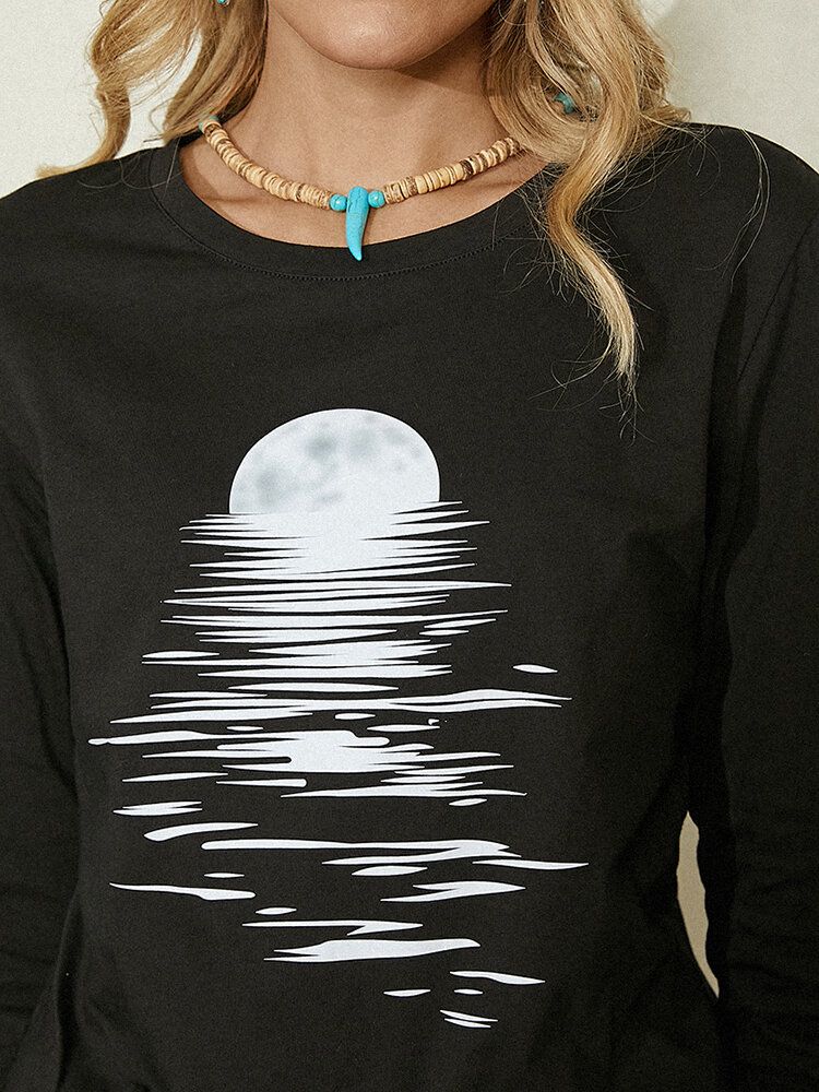 Kvinnor Moon Print Rund Neck Långärmad Svart Blus