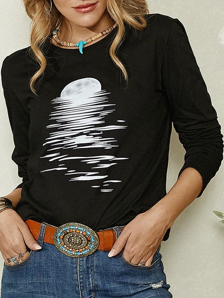 Kvinnor Moon Print Rund Neck Långärmad Svart Blus