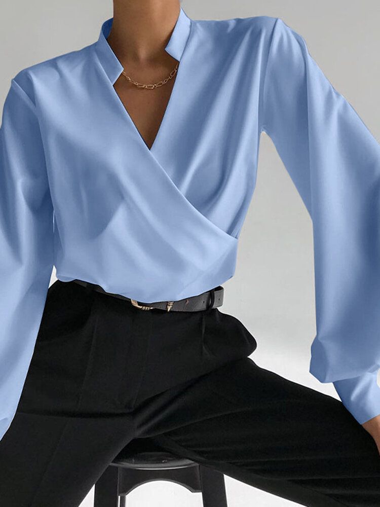 Kvinnor Office Wild Solid Color Cross Placket Irregular Shirts