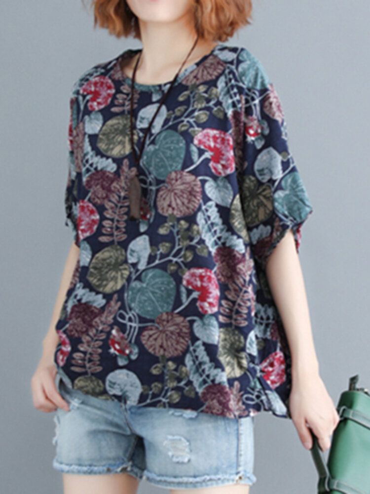 Kvinnor Plant Leaf Print Rundhalsad Casual Relaxed Half-sleeve Blusar