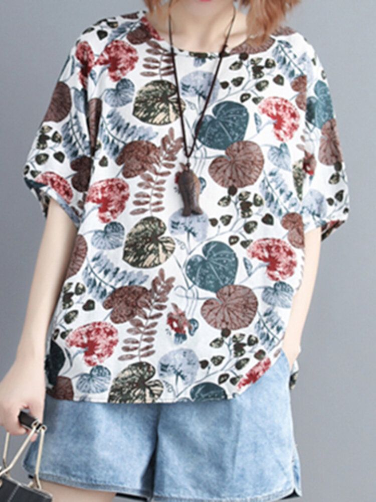 Kvinnor Plant Leaf Print Rundhalsad Casual Relaxed Half-sleeve Blusar