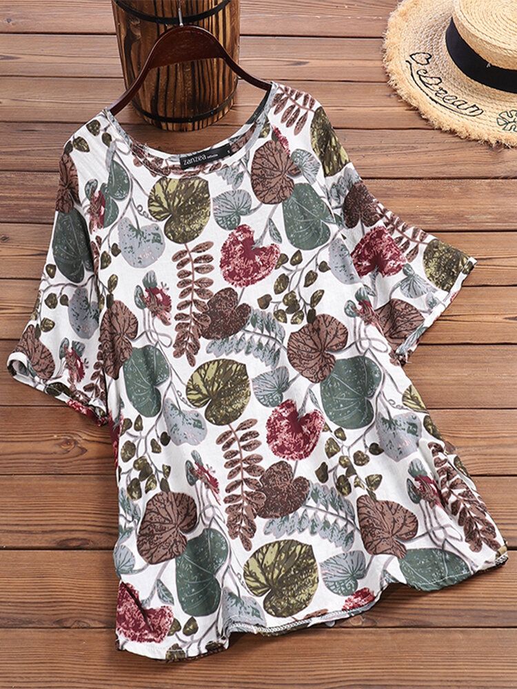 Kvinnor Plant Leaf Print Rundhalsad Casual Relaxed Half-sleeve Blusar