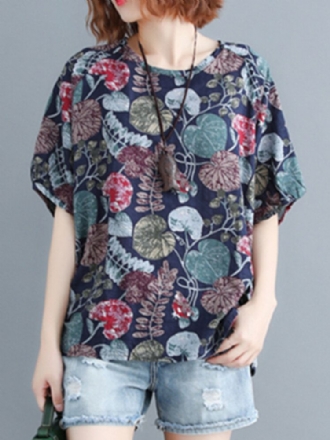 Kvinnor Plant Leaf Print Rundhalsad Casual Relaxed Half-sleeve Blusar