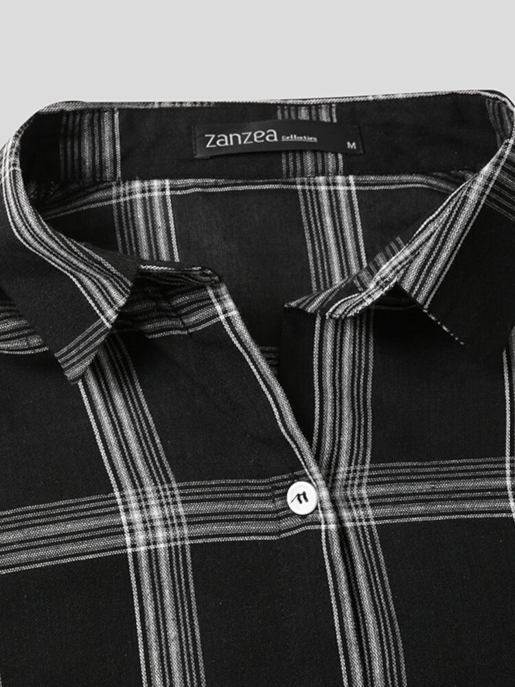 Kvinnor Rutad Sida Av Den Delade Knappen Bröstficka Lapel Collar Casual Shirt