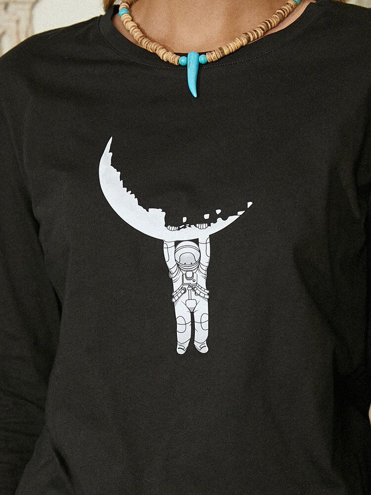 Kvinnor Tecknad Astronaut Print Långärmad Blus Med Rund Hals