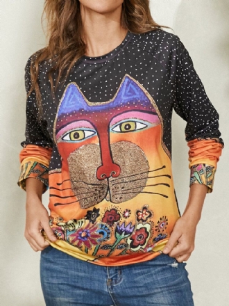 Kvinnor Tecknad Cat Spot Print Rundhalsad Casual Raglan Ärmblus