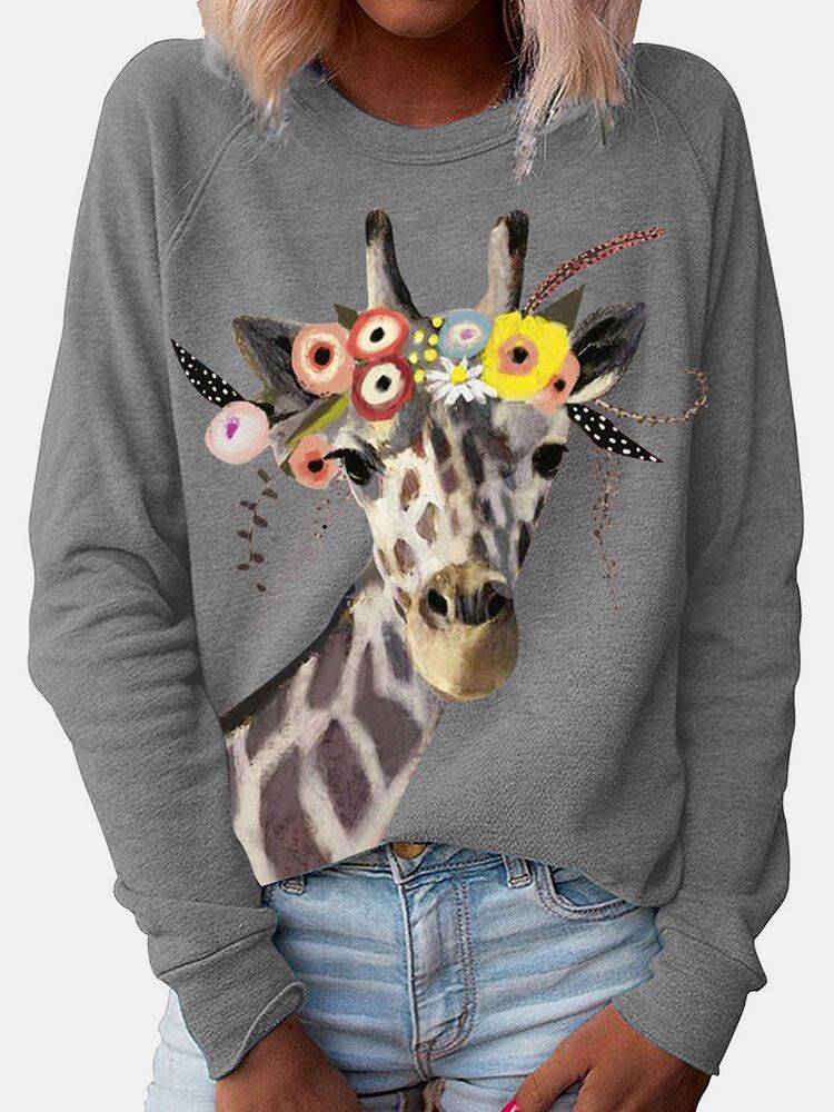 Kvinnor Tecknad Giraffe Print O-ringad Casual Raglan Ärmar Blusar