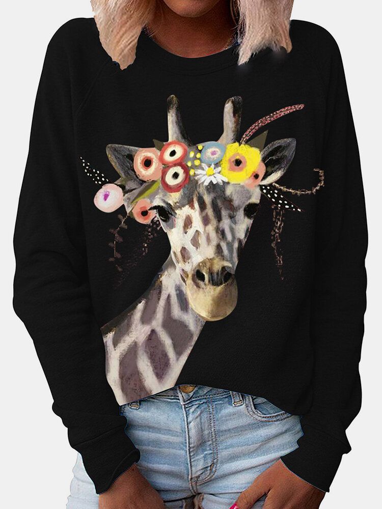 Kvinnor Tecknad Giraffe Print O-ringad Casual Raglan Ärmar Blusar