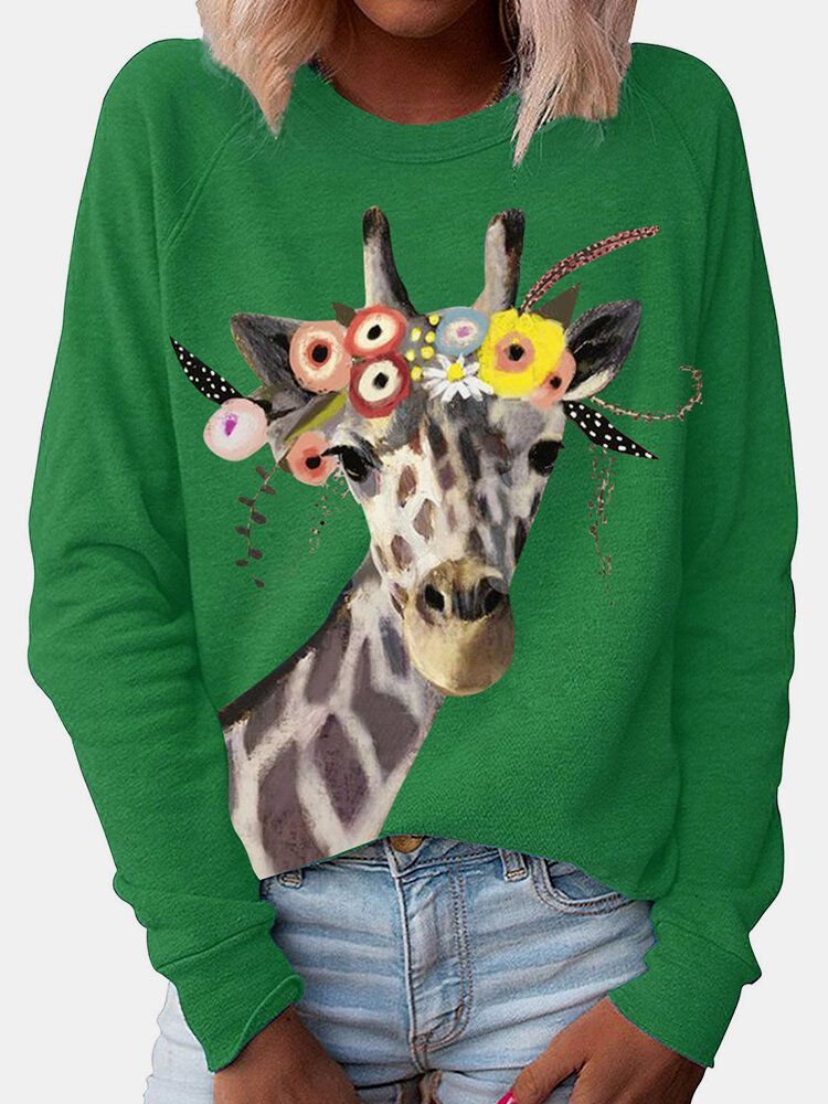 Kvinnor Tecknad Giraffe Print O-ringad Casual Raglan Ärmar Blusar