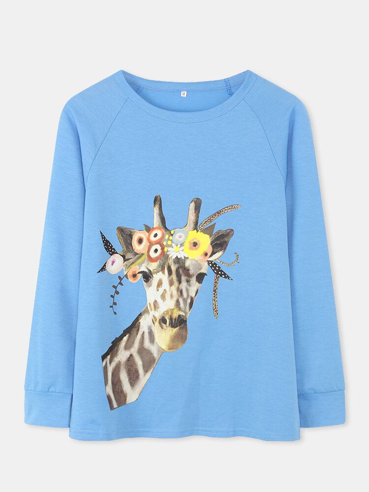 Kvinnor Tecknad Giraffe Print O-ringad Casual Raglan Ärmar Blusar