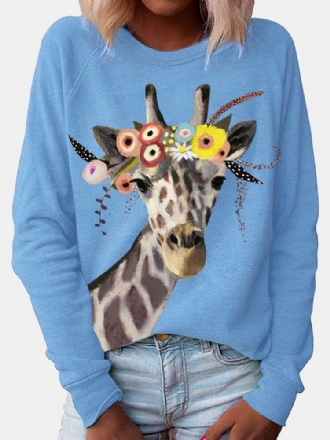 Kvinnor Tecknad Giraffe Print O-ringad Casual Raglan Ärmar Blusar