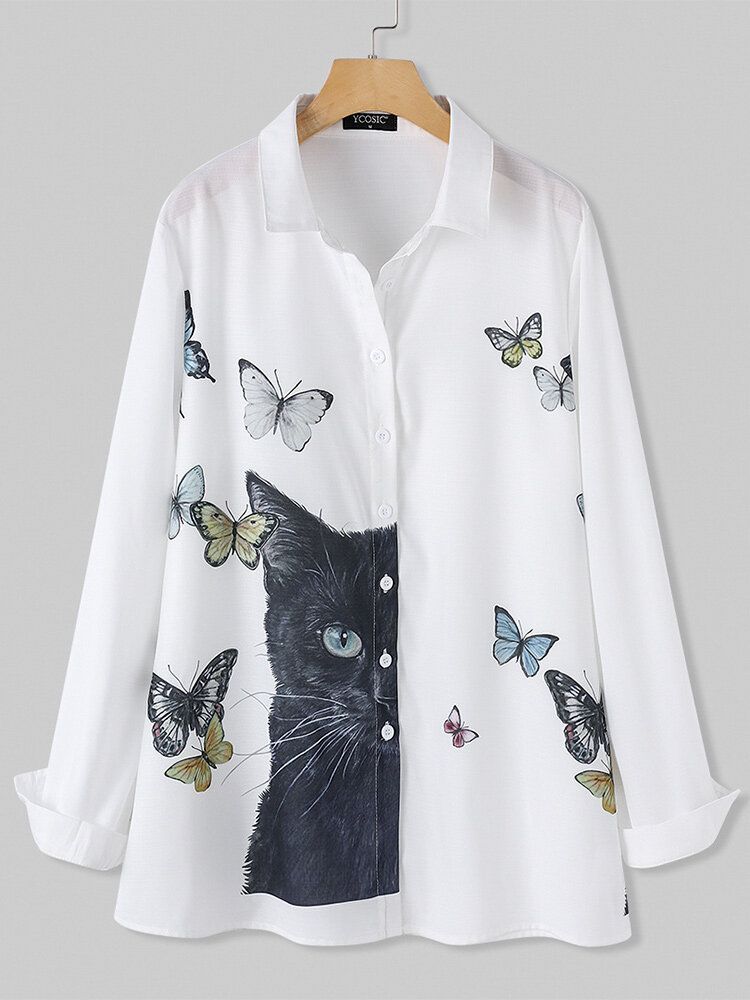 Kvinnor Tecknad Katt Butterfly Print But Up Lapel Casual Långärmade Skjortor