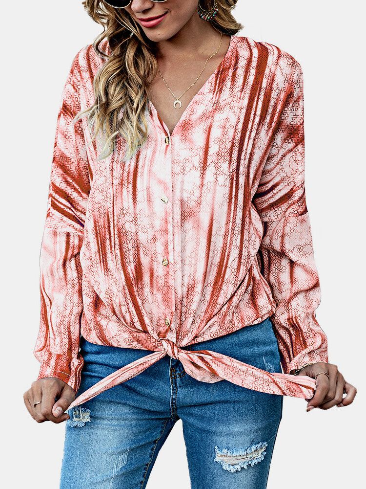 Kvinnor Tie Dye Print Knotted Långärmad Casual Blus