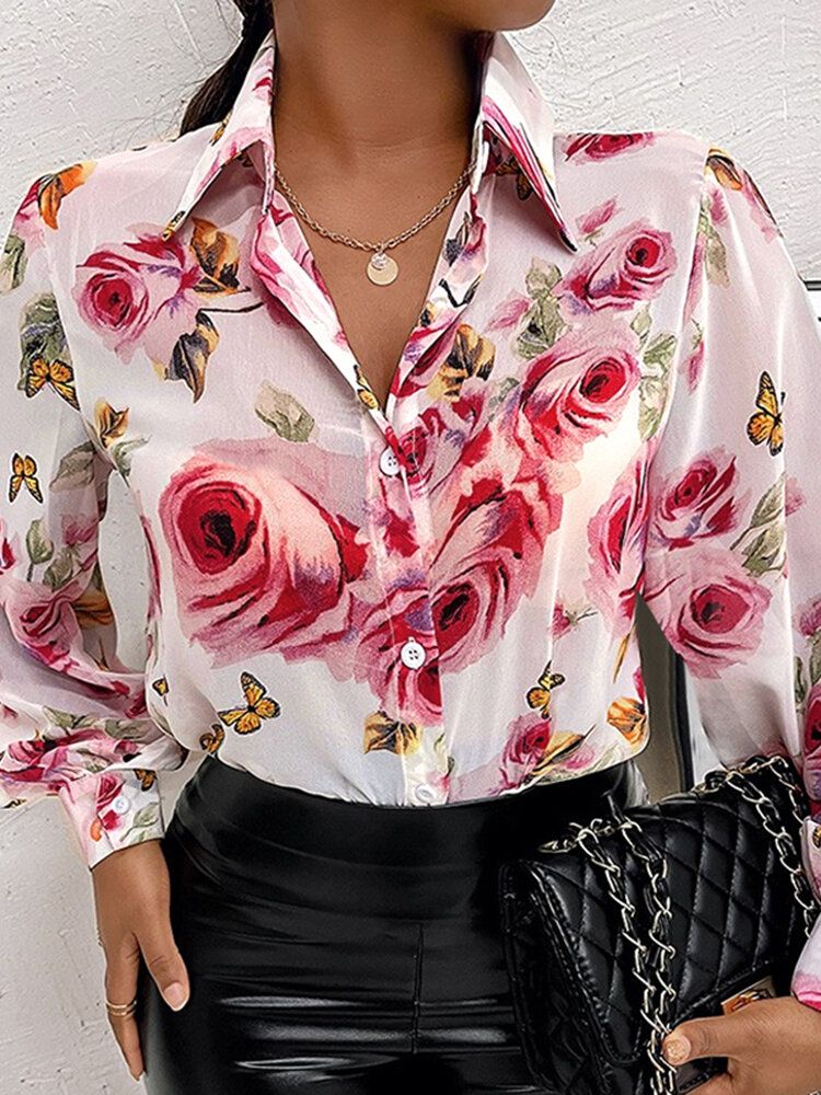 Lantern Ärm Blomma Knapp Lapel Rose Print Shirt