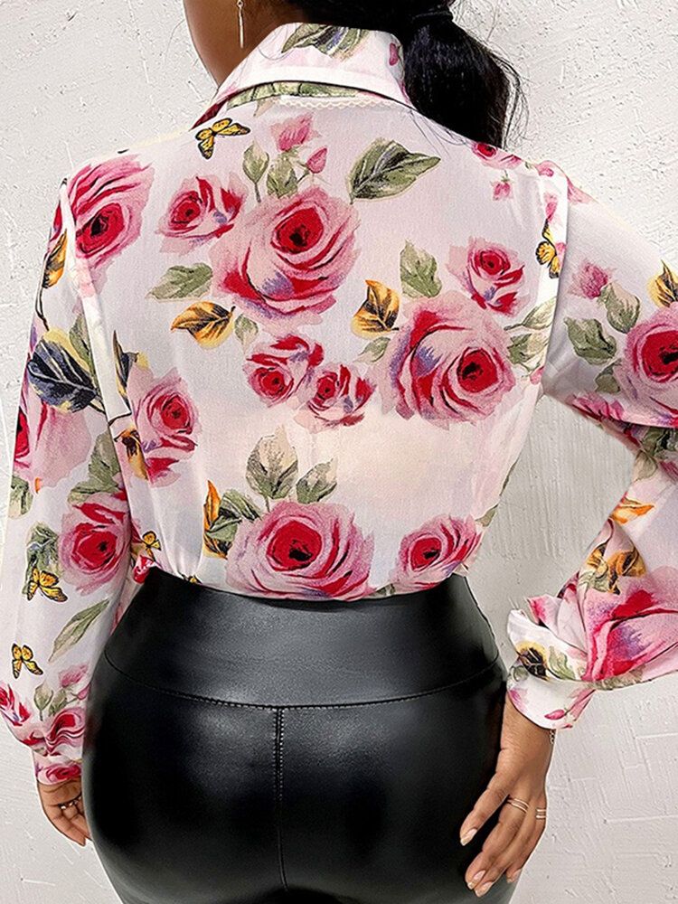 Lantern Ärm Blomma Knapp Lapel Rose Print Shirt