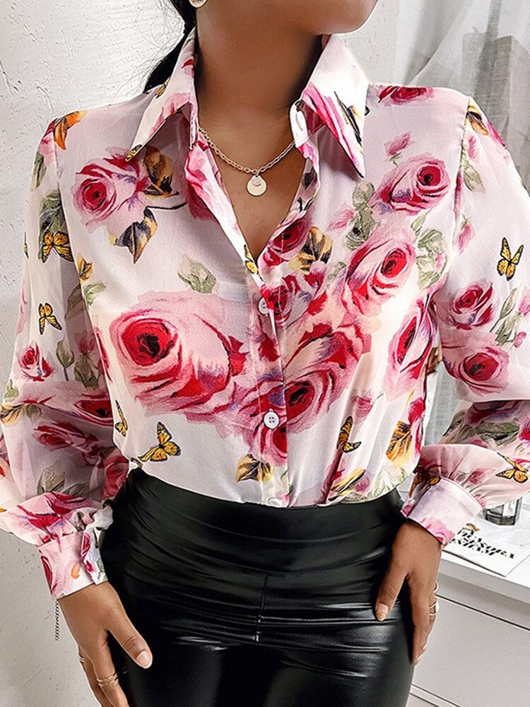 Lantern Ärm Blomma Knapp Lapel Rose Print Shirt