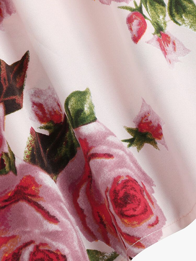 Lantern Ärm Blomma Knapp Lapel Rose Print Shirt