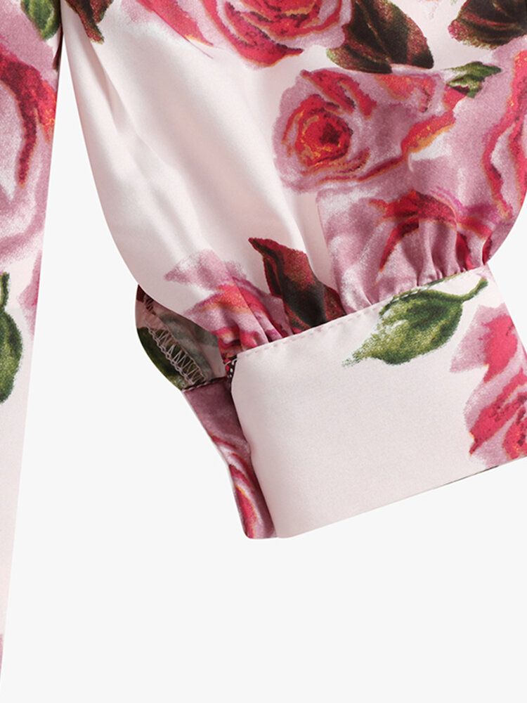 Lantern Ärm Blomma Knapp Lapel Rose Print Shirt