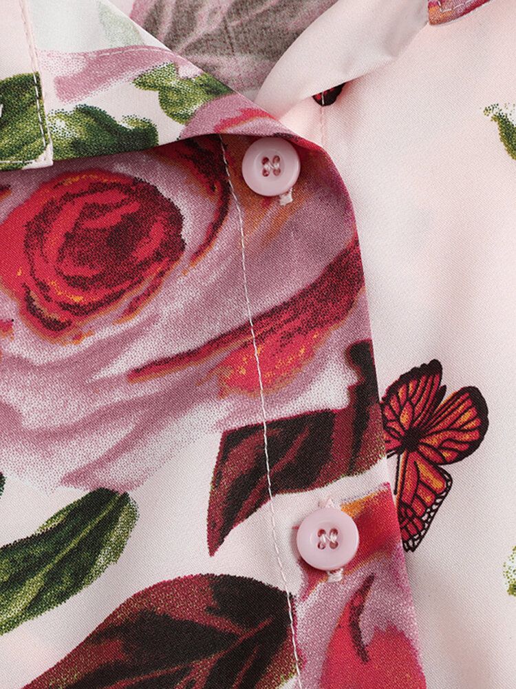 Lantern Ärm Blomma Knapp Lapel Rose Print Shirt