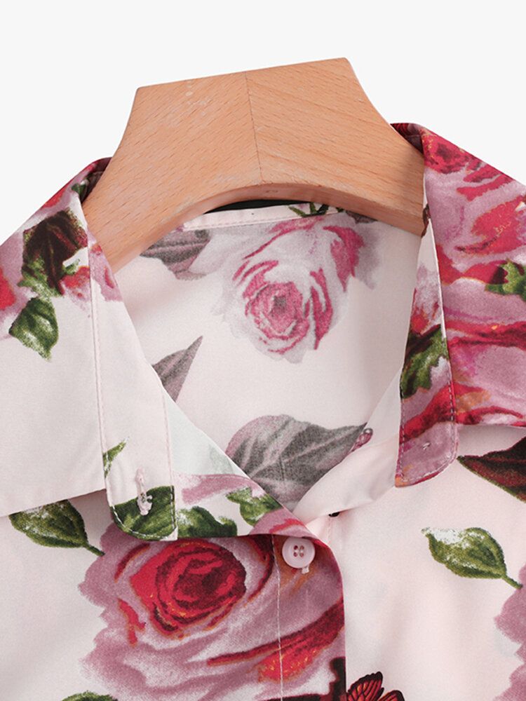 Lantern Ärm Blomma Knapp Lapel Rose Print Shirt