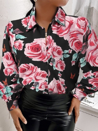 Lantern Ärm Blomma Knapp Lapel Rose Print Shirt