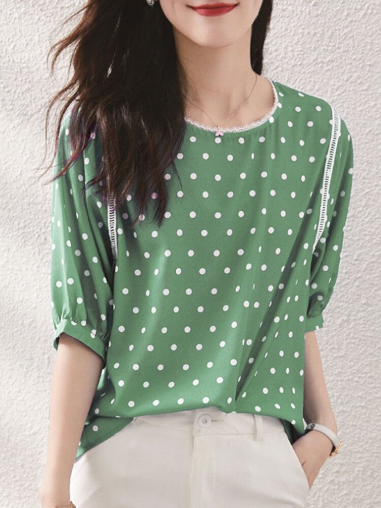 Polka Dot Lace Patchwork Rund Hals Halvärm Casual Blus