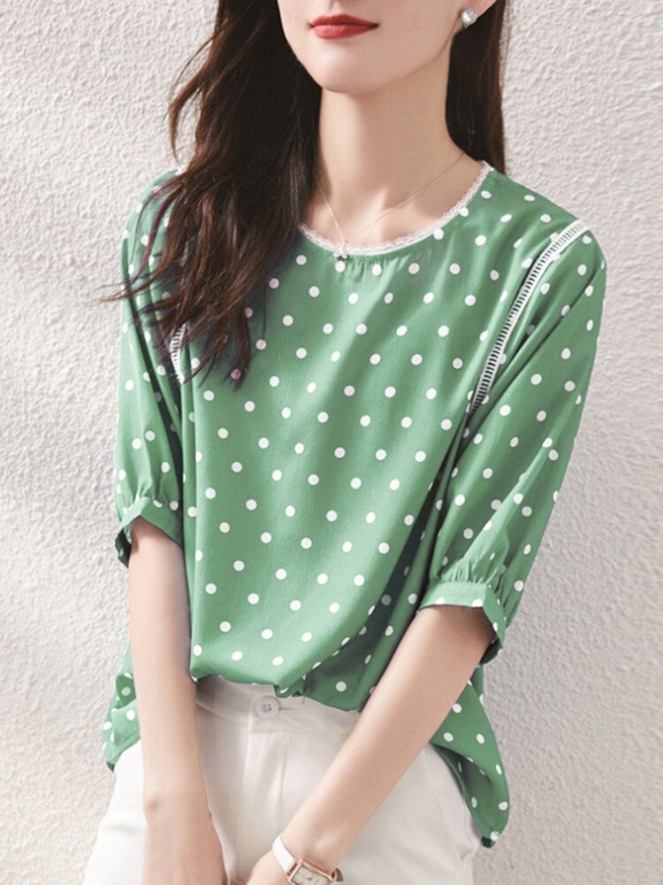 Polka Dot Lace Patchwork Rund Hals Halvärm Casual Blus