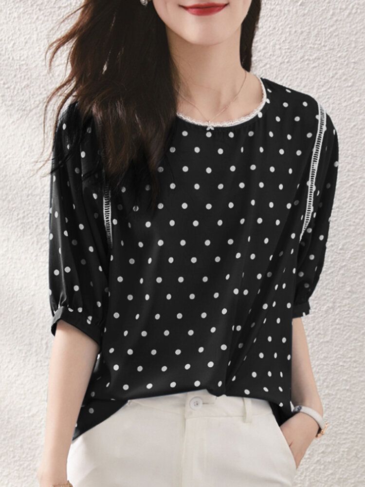 Polka Dot Lace Patchwork Rund Hals Halvärm Casual Blus