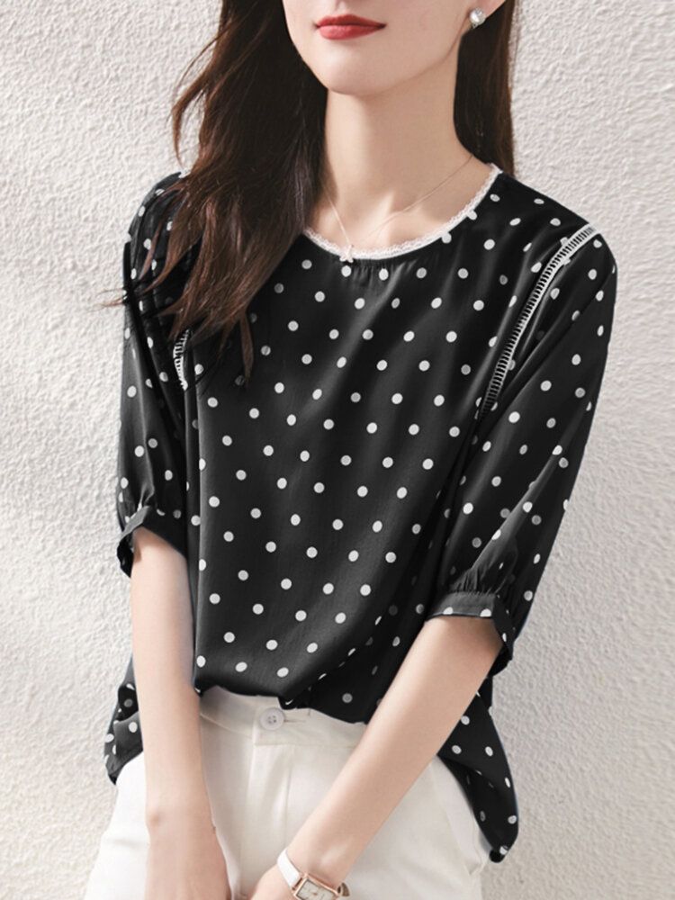 Polka Dot Lace Patchwork Rund Hals Halvärm Casual Blus