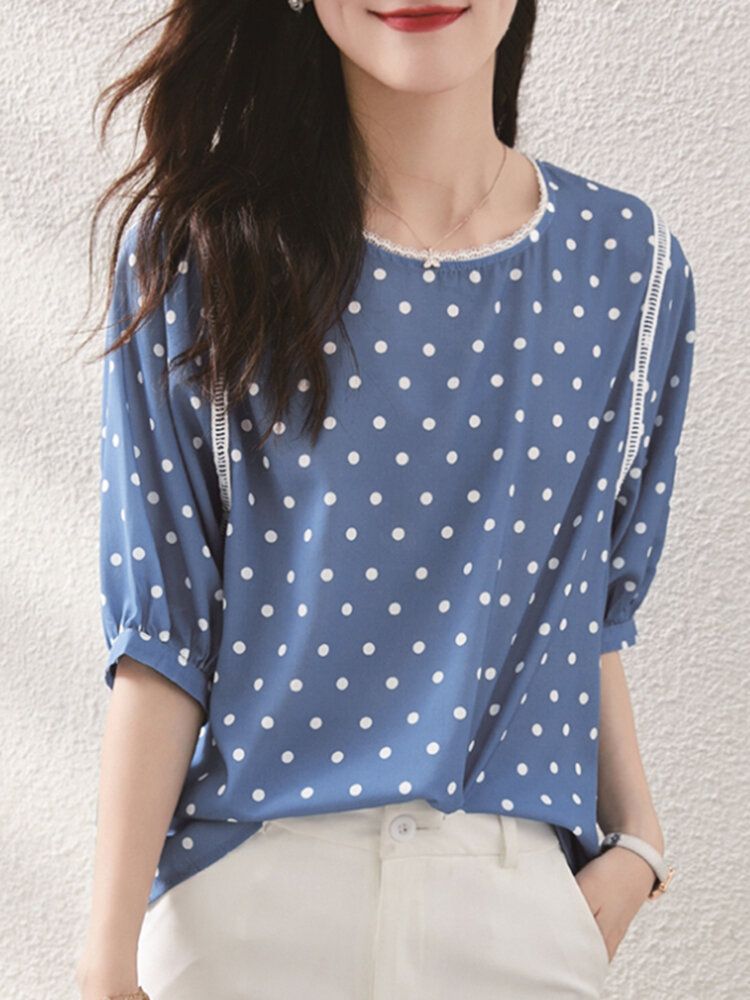 Polka Dot Lace Patchwork Rund Hals Halvärm Casual Blus