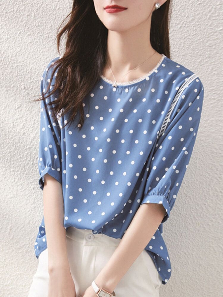 Polka Dot Lace Patchwork Rund Hals Halvärm Casual Blus