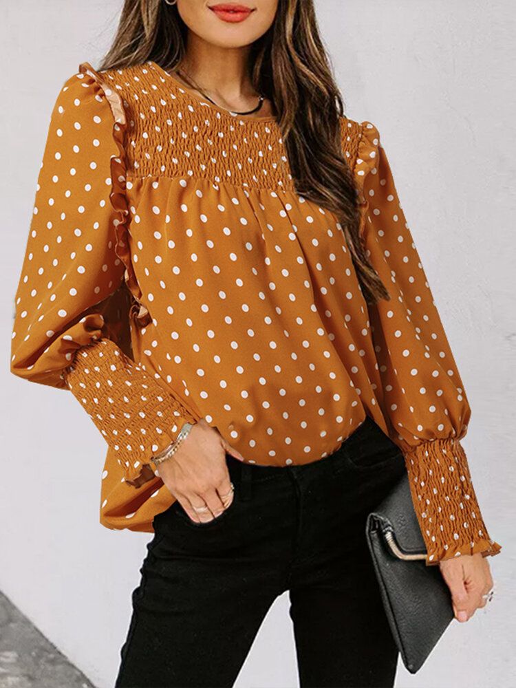 Polka Dot Print Långärmad O-ringad Plisserad Blus