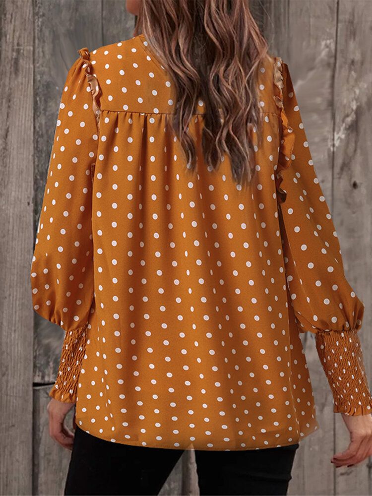 Polka Dot Print Långärmad O-ringad Plisserad Blus