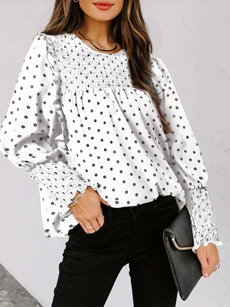 Polka Dot Print Långärmad O-ringad Plisserad Blus