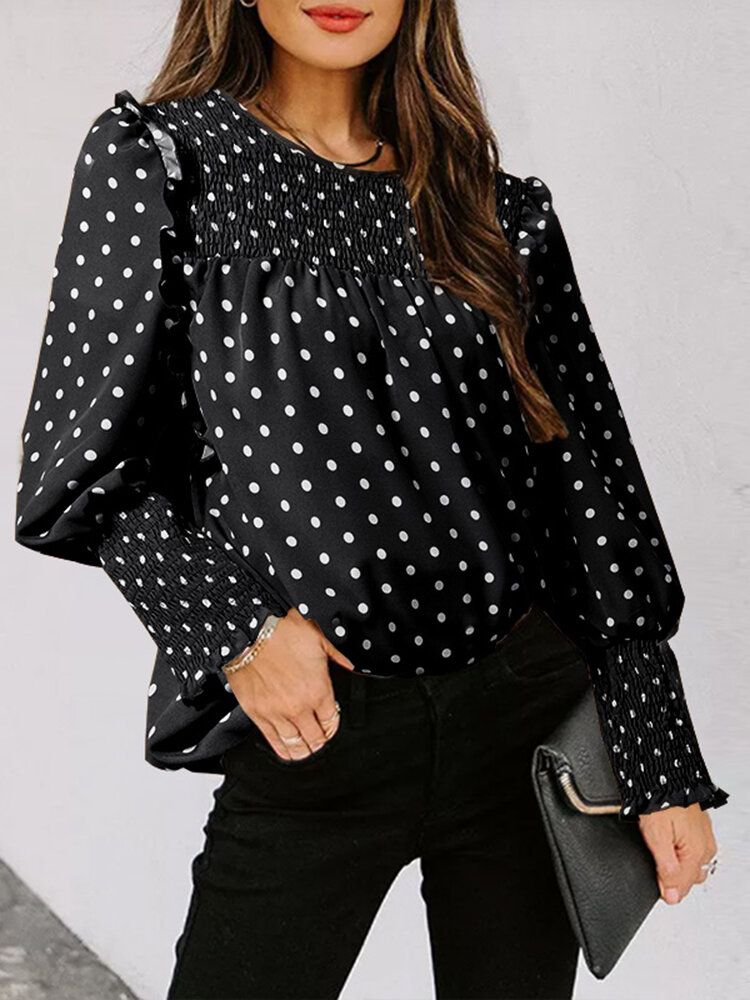 Polka Dot Print Långärmad O-ringad Plisserad Blus