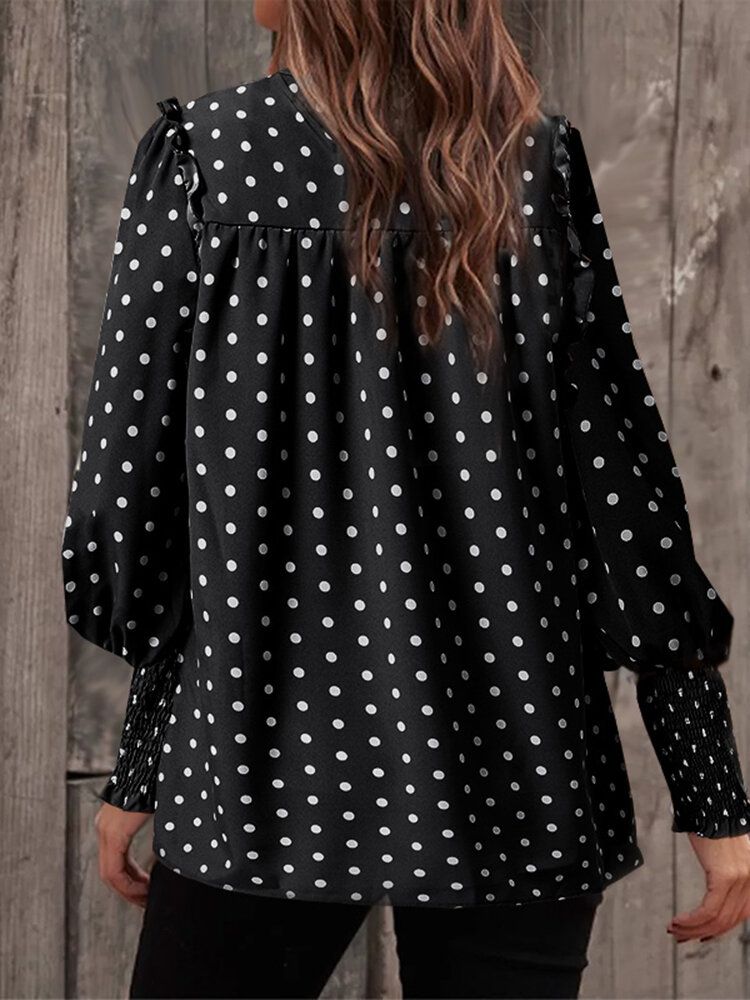 Polka Dot Print Långärmad O-ringad Plisserad Blus