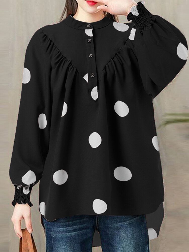 Polka Dot Ruched Button Lantern Sleeve Stand Collar Blus