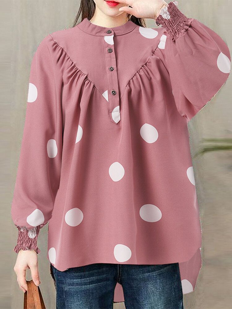 Polka Dot Ruched Button Lantern Sleeve Stand Collar Blus