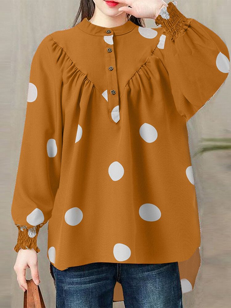 Polka Dot Ruched Button Lantern Sleeve Stand Collar Blus