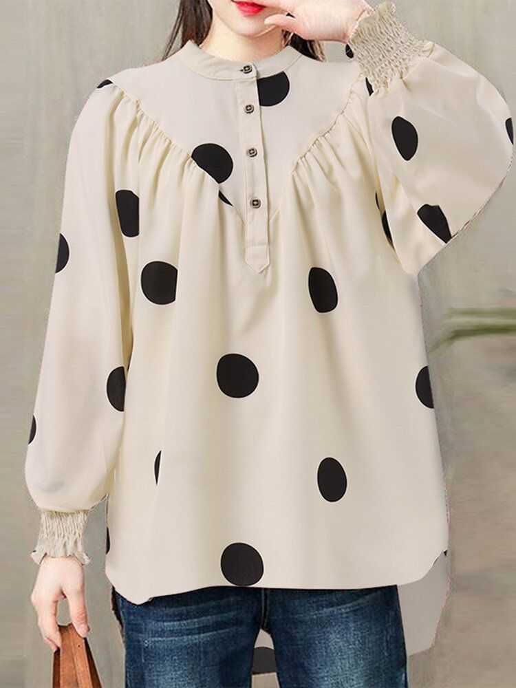 Polka Dot Ruched Button Lantern Sleeve Stand Collar Blus