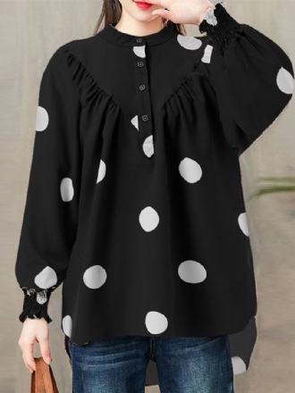 Polka Dot Ruched Button Lantern Sleeve Stand Collar Blus