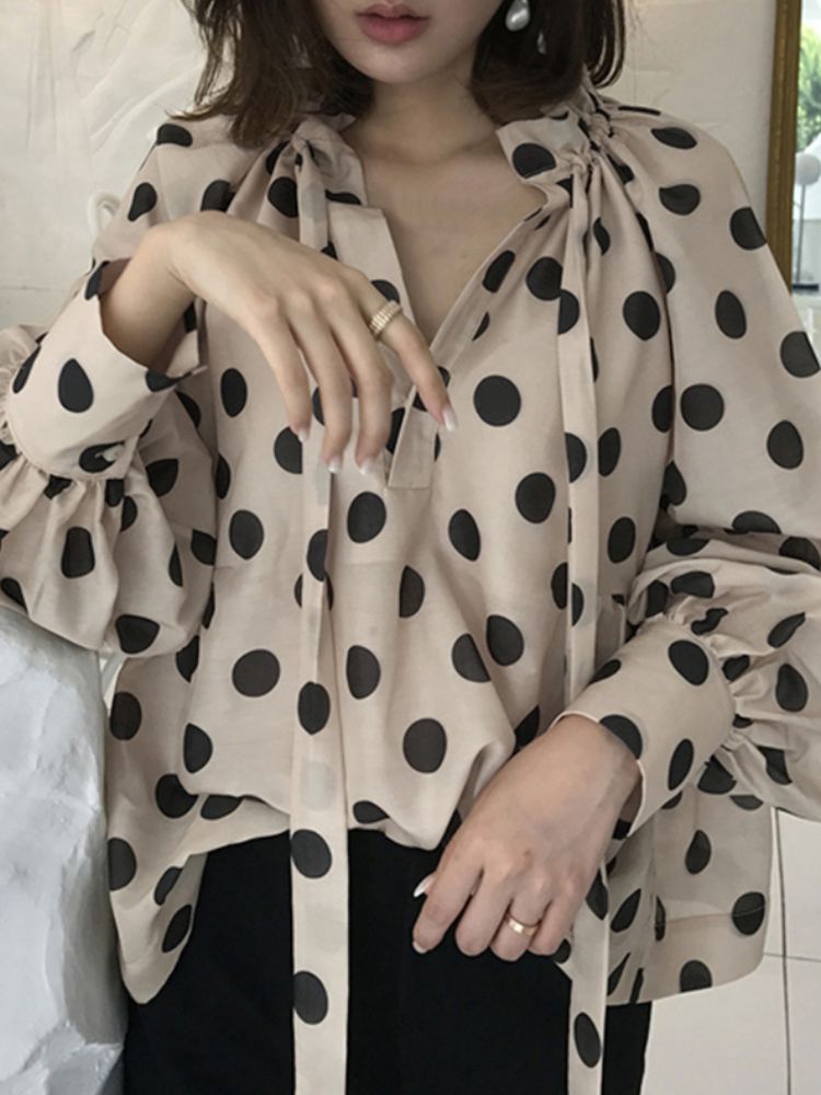 Polka Dots Printing Lykta Ärm Halsringning Fluga Casual Blus För Kvinnor