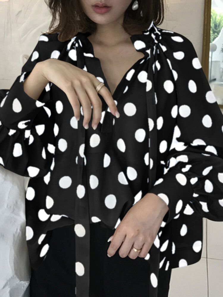 Polka Dots Printing Lykta Ärm Halsringning Fluga Casual Blus För Kvinnor