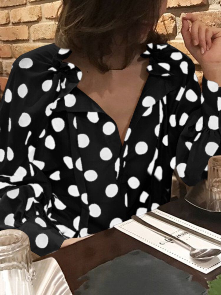 Polka Dots Printing Lykta Ärm Halsringning Fluga Casual Blus För Kvinnor