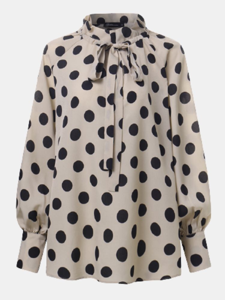 Polka Dots Printing Lykta Ärm Halsringning Fluga Casual Blus För Kvinnor