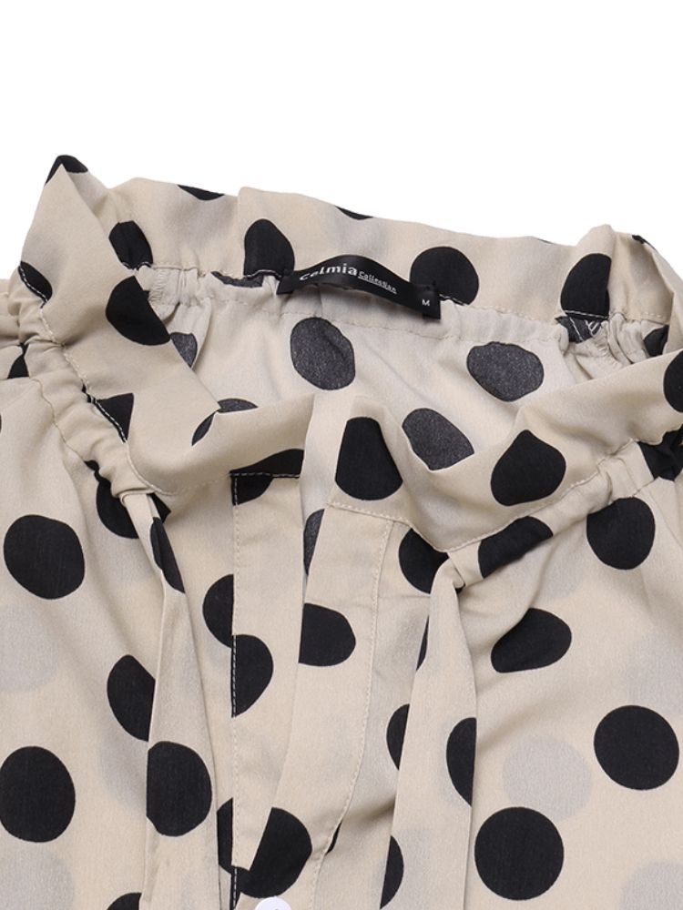 Polka Dots Printing Lykta Ärm Halsringning Fluga Casual Blus För Kvinnor