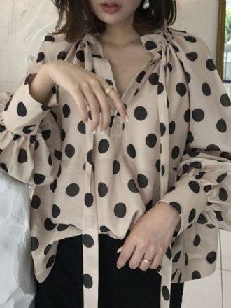 Polka Dots Printing Lykta Ärm Halsringning Fluga Casual Blus För Kvinnor