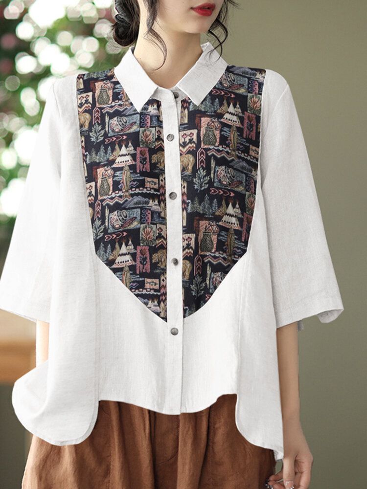 Print Patchwork Button Ruched Lapel Casual Shirt