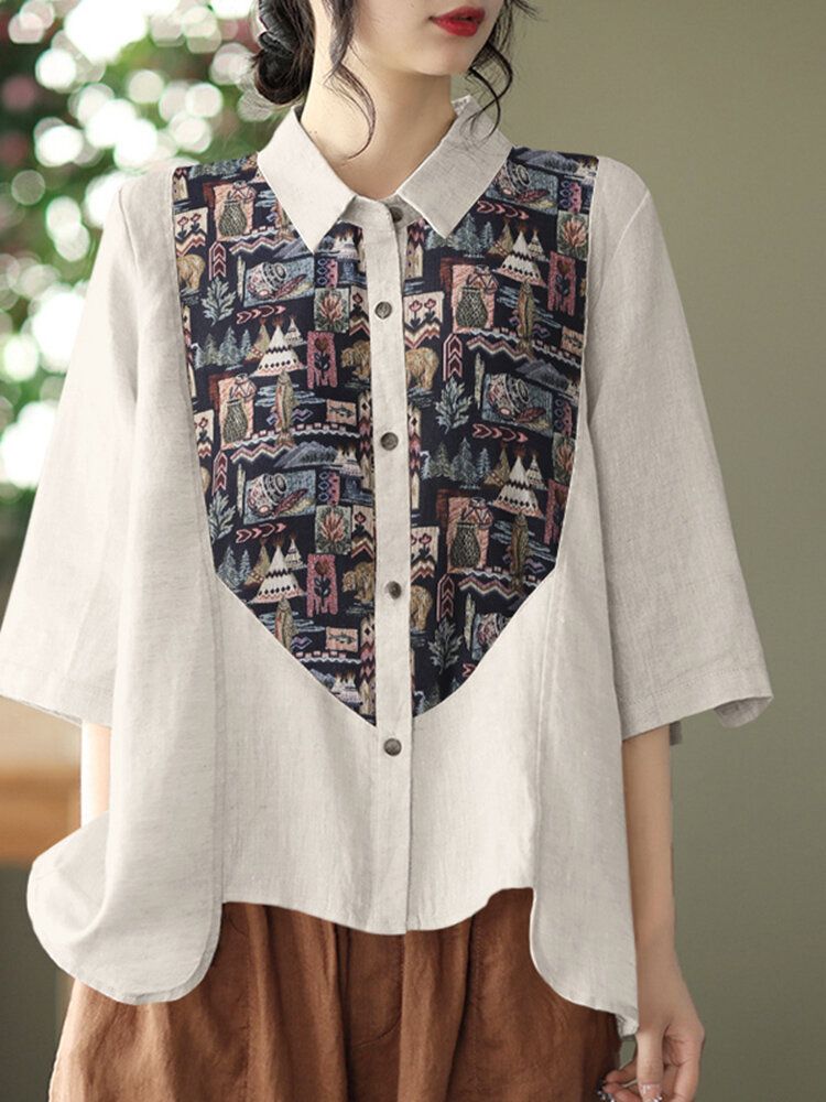 Print Patchwork Button Ruched Lapel Casual Shirt