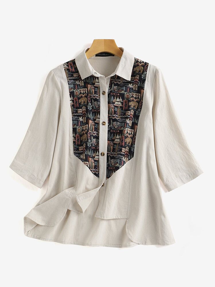 Print Patchwork Button Ruched Lapel Casual Shirt